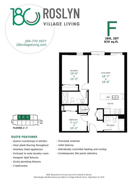 Floor plan for 2 beds, 2 baths, 839 sqft